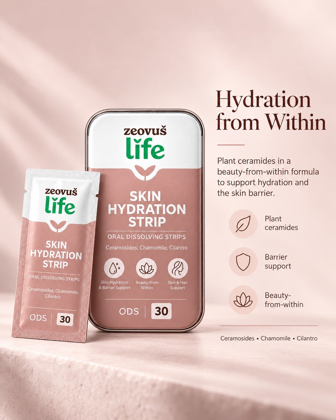 Finished wellness product packaging from the Zeovus Life portfolio